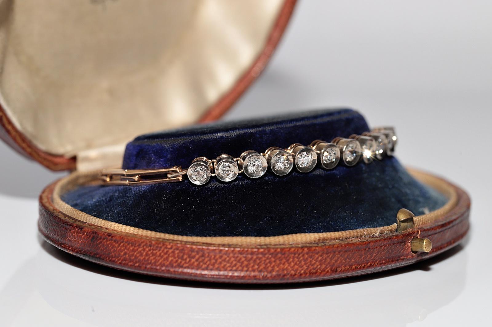 Antique Circa 1900s 18k Gold Top Silver Natural Old Cut Diamond Tennis Bracelet In Good Condition For Sale In Fatih/İstanbul, 34