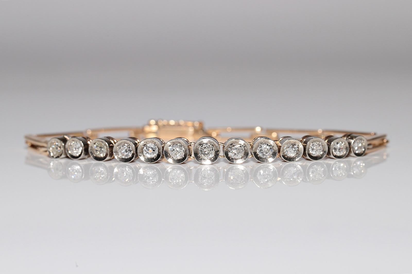 Antique Circa 1900s 18k Gold Top Silver Natural Old Cut Diamond Tennis Bracelet For Sale 1