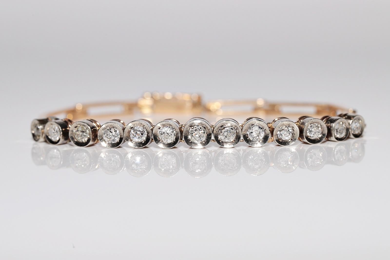 Antikes Tennisarmband, um 1900er Jahre, 18 Karat Gold Top Silber natürlicher Diamant im Altschliff Damen im Angebot