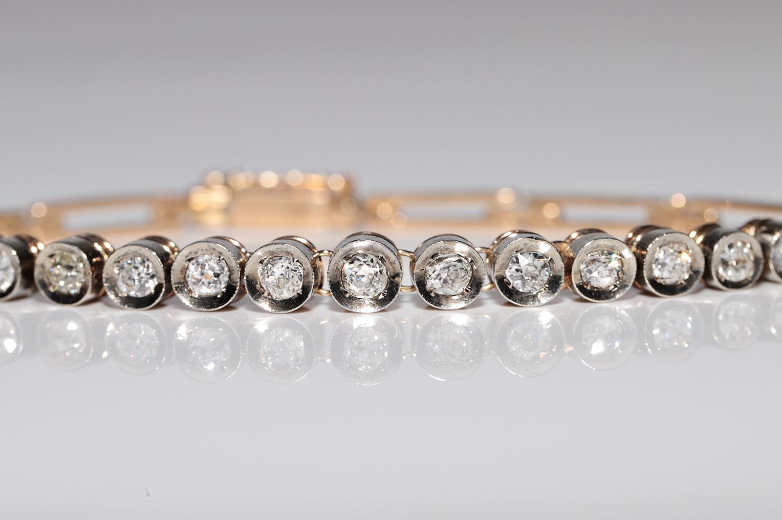 Antikes Tennisarmband, um 1900er Jahre, 18 Karat Gold Top Silber natürlicher Diamant im Altschliff im Angebot 2