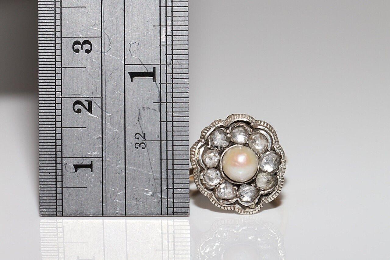 Antique Circa 1900s 18k Gold Top Silver Natural Rose Cut Diamond And Pearl Ring For Sale 5