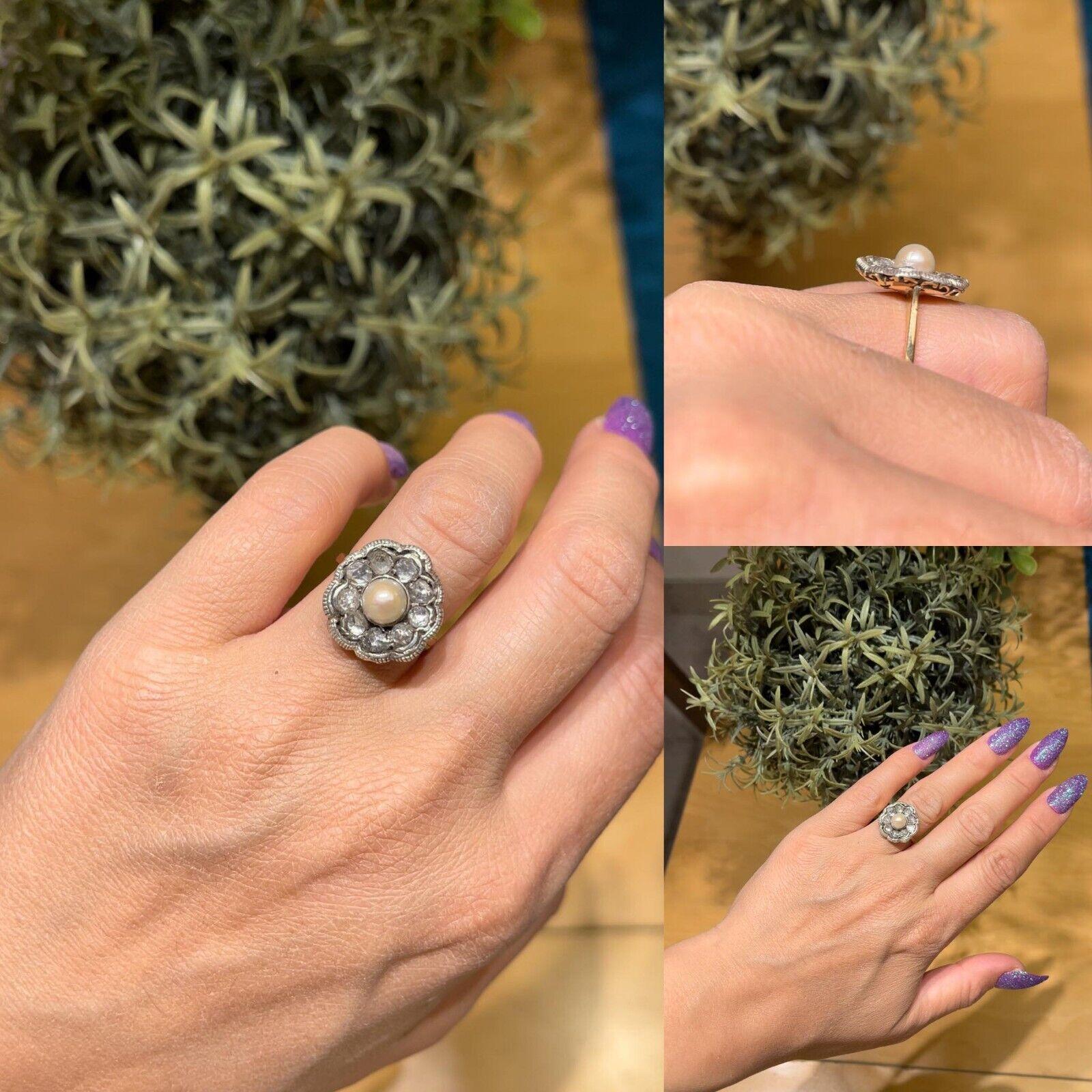 Antique Circa 1900s 18k Gold Top Silver Natural Rose Cut Diamond And Pearl Ring For Sale 7
