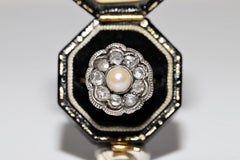 Antique Circa 1900s 18k Gold Top Silver Natural Rose Cut Diamond And Pearl Ring