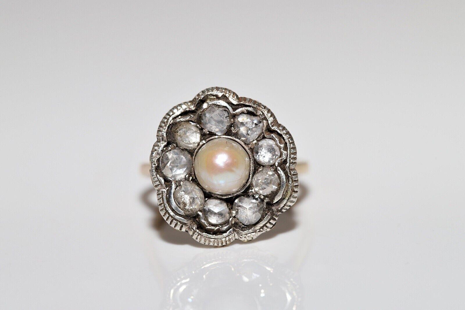 Victorian Antique Circa 1900s 18k Gold Top Silver Natural Rose Cut Diamond And Pearl Ring For Sale