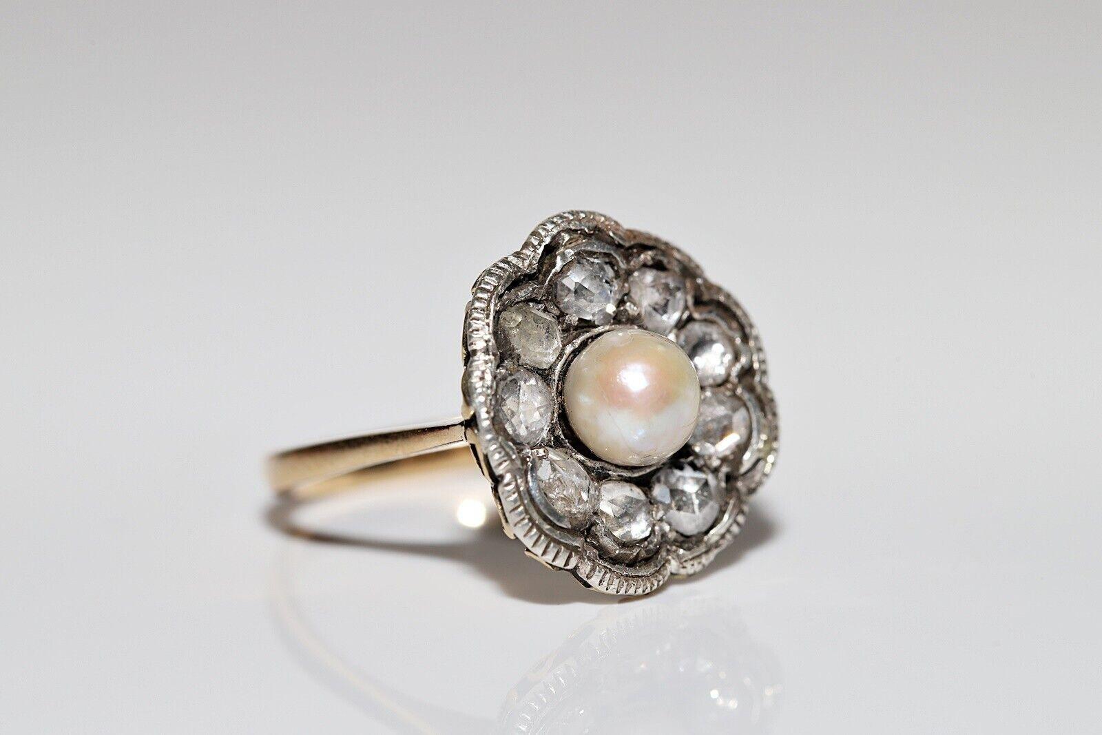 Antique Circa 1900s 18k Gold Top Silver Natural Rose Cut Diamond And Pearl Ring In Good Condition For Sale In Fatih/İstanbul, 34
