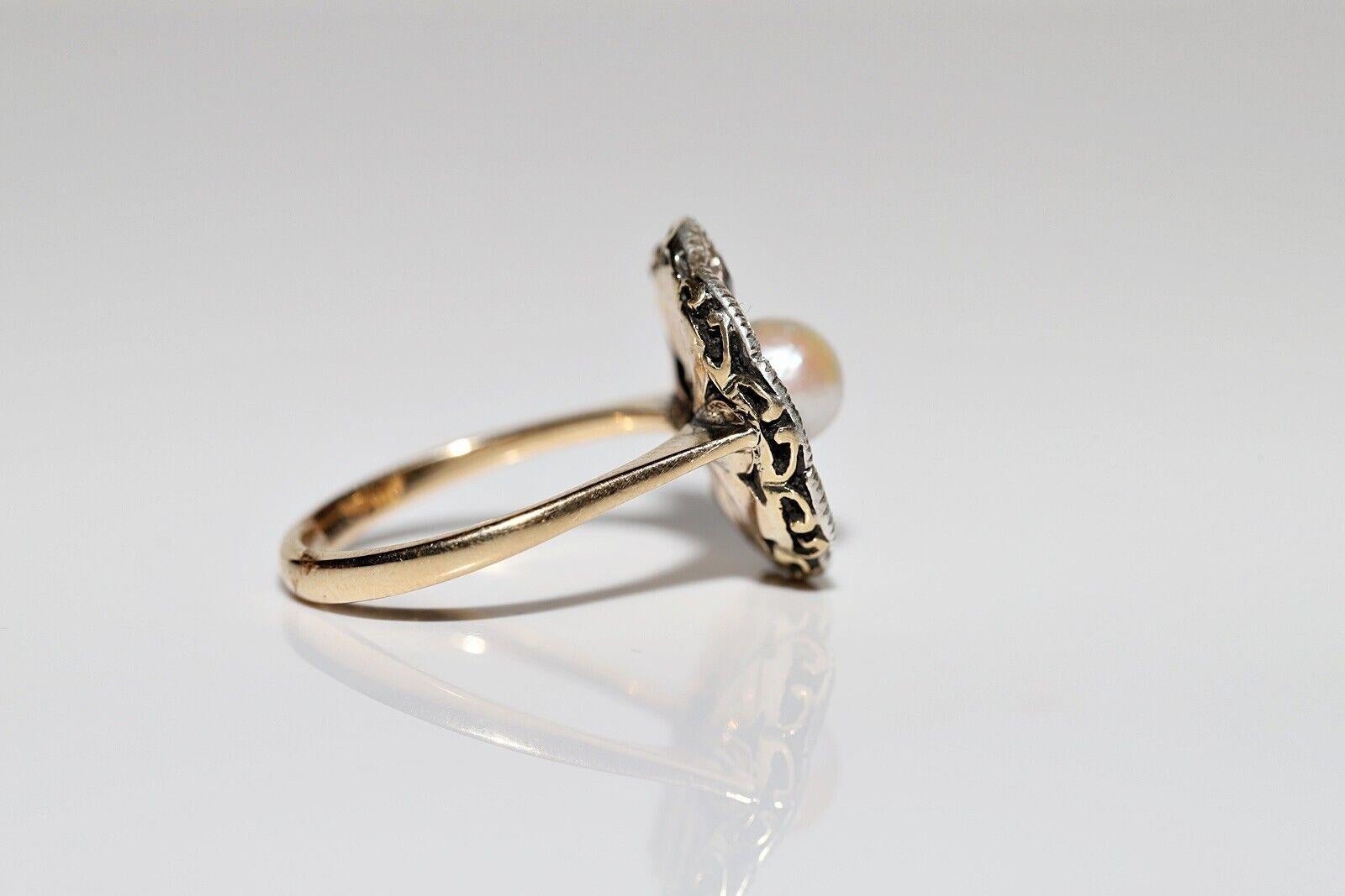 Women's Antique Circa 1900s 18k Gold Top Silver Natural Rose Cut Diamond And Pearl Ring For Sale