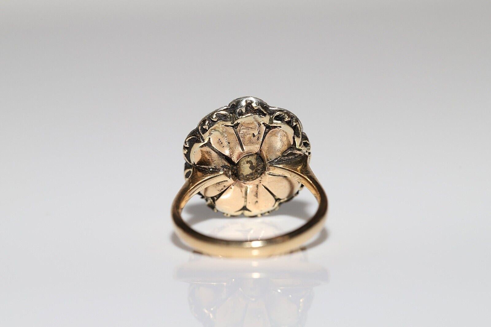 Antique Circa 1900s 18k Gold Top Silver Natural Rose Cut Diamond And Pearl Ring For Sale 1