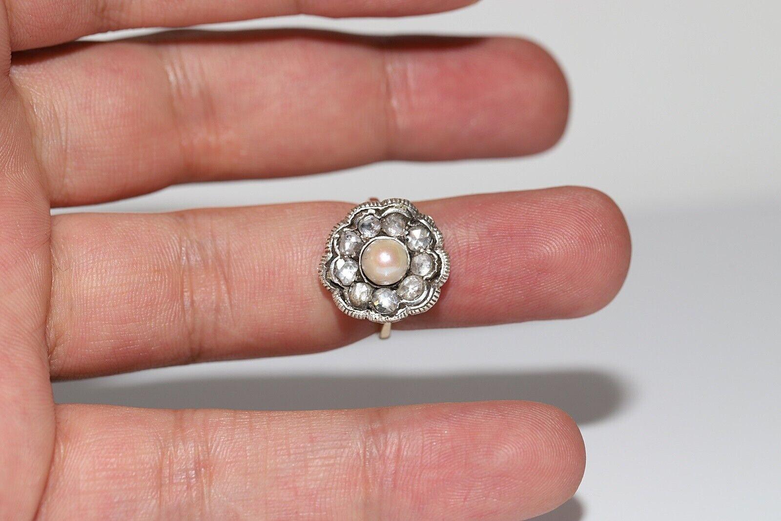 Antique Circa 1900s 18k Gold Top Silver Natural Rose Cut Diamond And Pearl Ring For Sale 3