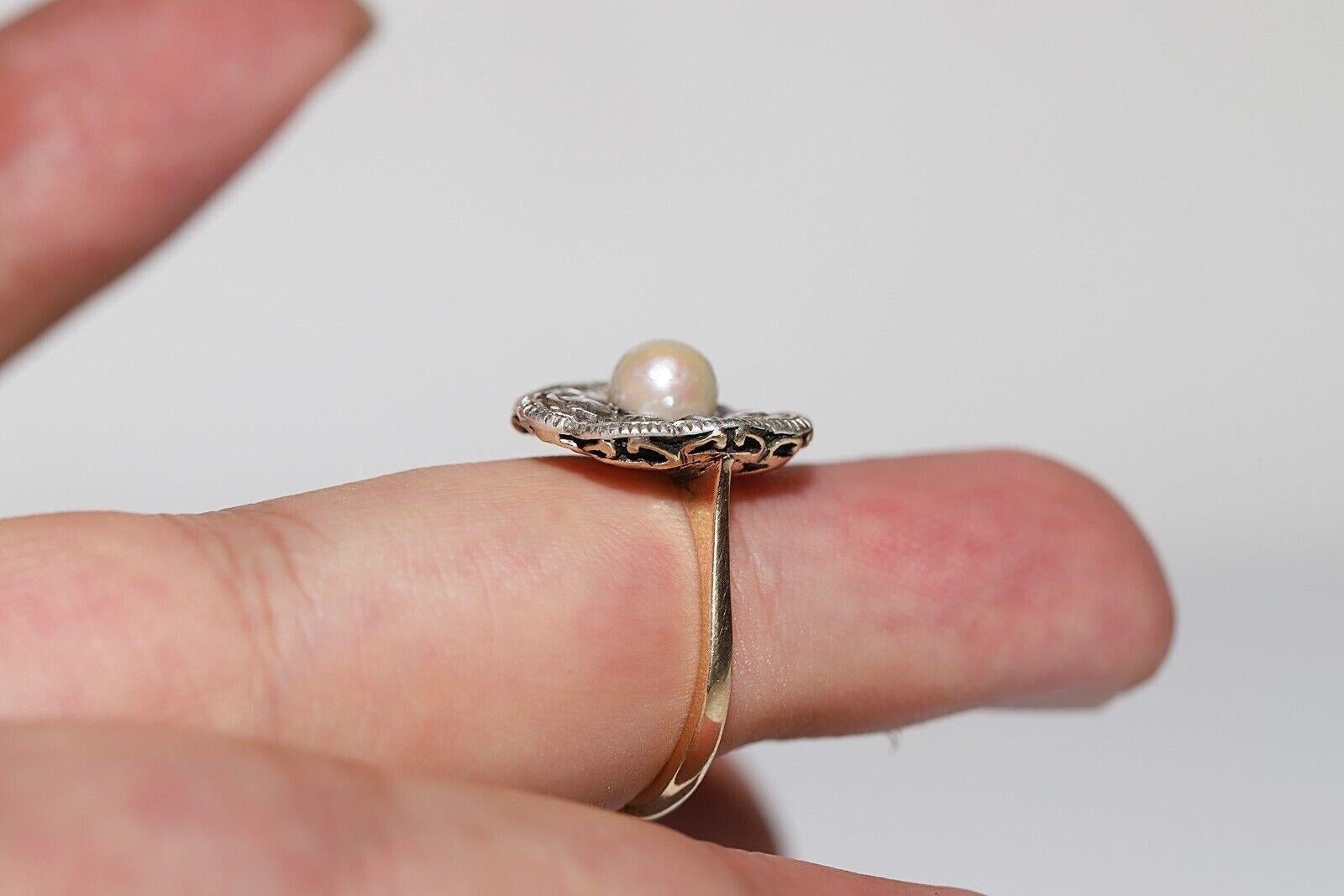 Antique Circa 1900s 18k Gold Top Silver Natural Rose Cut Diamond And Pearl Ring For Sale 4