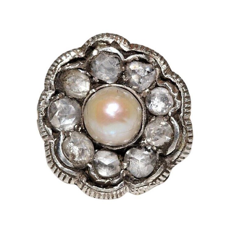 Anello antico del 1900 in oro 18k e argento con diamanti naturali taglio rosa e perle