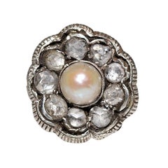Anello antico del 1900 in oro 18k e argento con diamanti naturali taglio rosa e perle