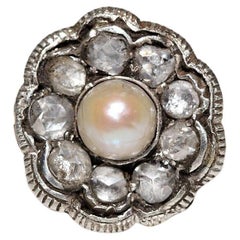 Antique Circa 1900s 18k Gold Top Silver Natural Rose Cut Diamond And Pearl Ring
