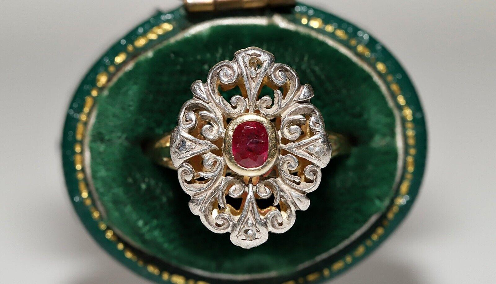 Antique Circa 1900s 18k Gold Top Silver Natural Rose Cut Diamond And Ruby Ring  For Sale 3