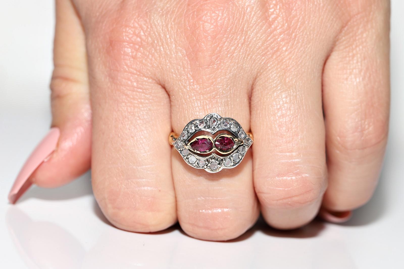 Antique Circa 1900s 18k Gold Top Silver Natural Rose Cut Diamond And Ruby Ring  For Sale 9