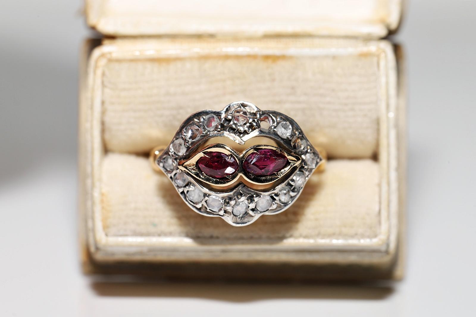 In very good condition.
Total weight 4.9 grams.
Totally is diamond 0.50 ct.
The diamond is has I-J-K color and s1-s2-s3-Pique1.
Totally is ruby 0.60 ct.
Ring size is us 6.5 (We can make any size)
We offer free resizing.
Box is not included.
Please
