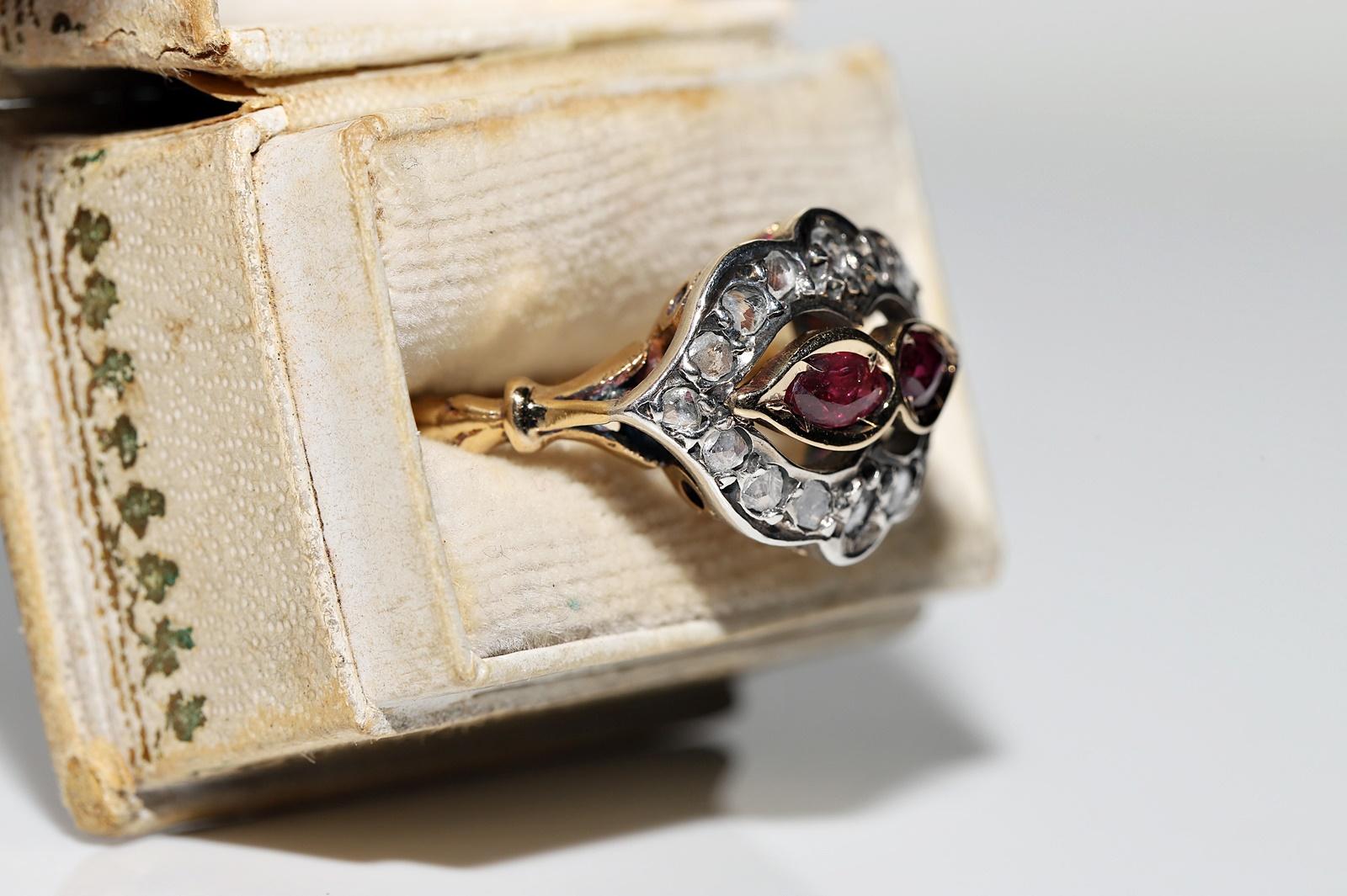 Antike CIRCA 1900s 18k Gold Top Silver Natural Rose Cut Diamant und Rubin Ring  (Viktorianisch) im Angebot