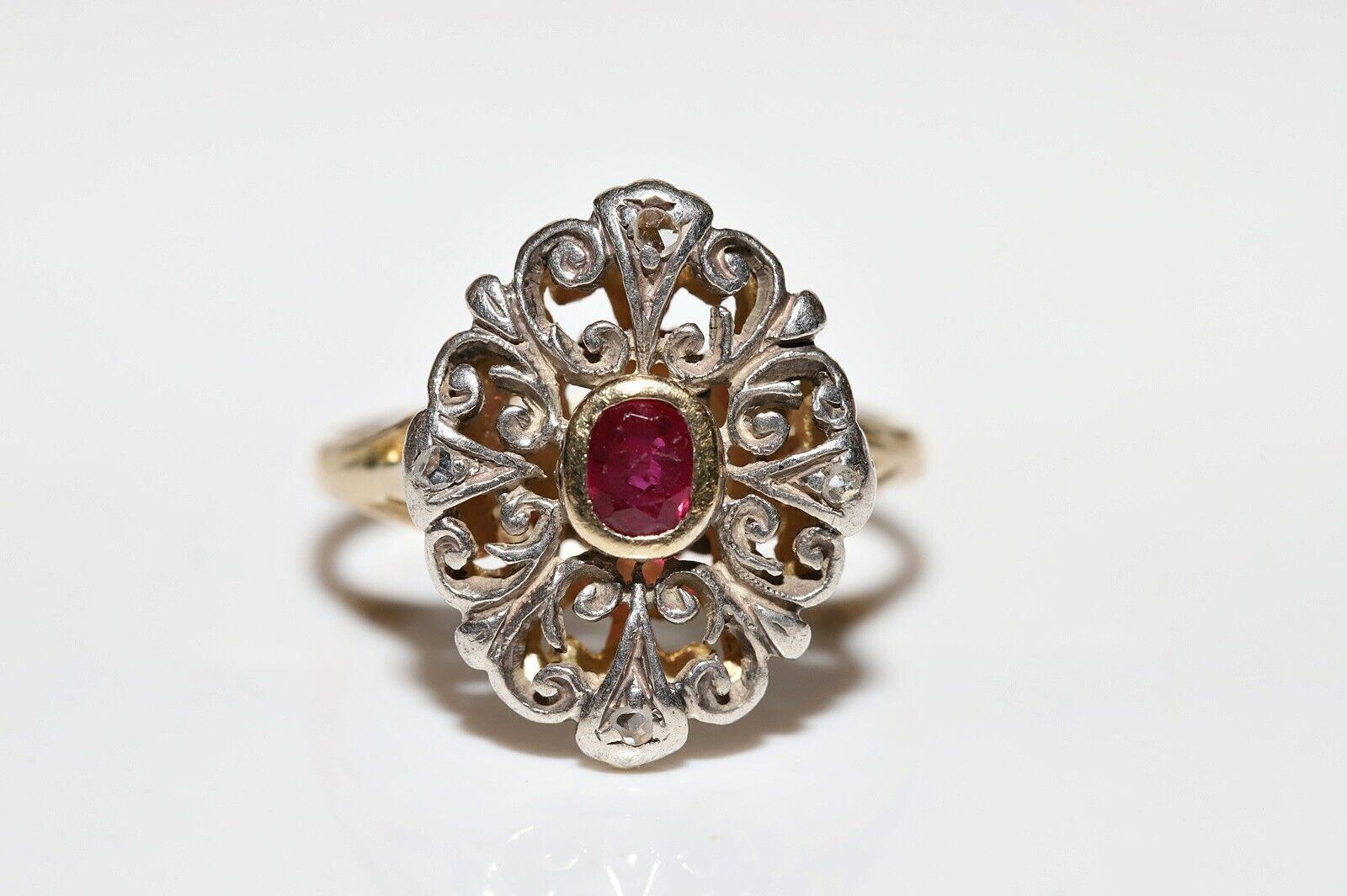 Victorien Antique Circa 1900s 18k Gold Top Silver Natural Rose Cut Diamond And Ruby Ring en vente