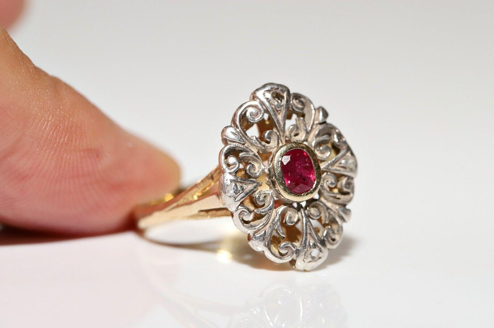 Victorian Antique Circa 1900s 18k Gold Top Silver Natural Rose Cut Diamond And Ruby Ring  For Sale