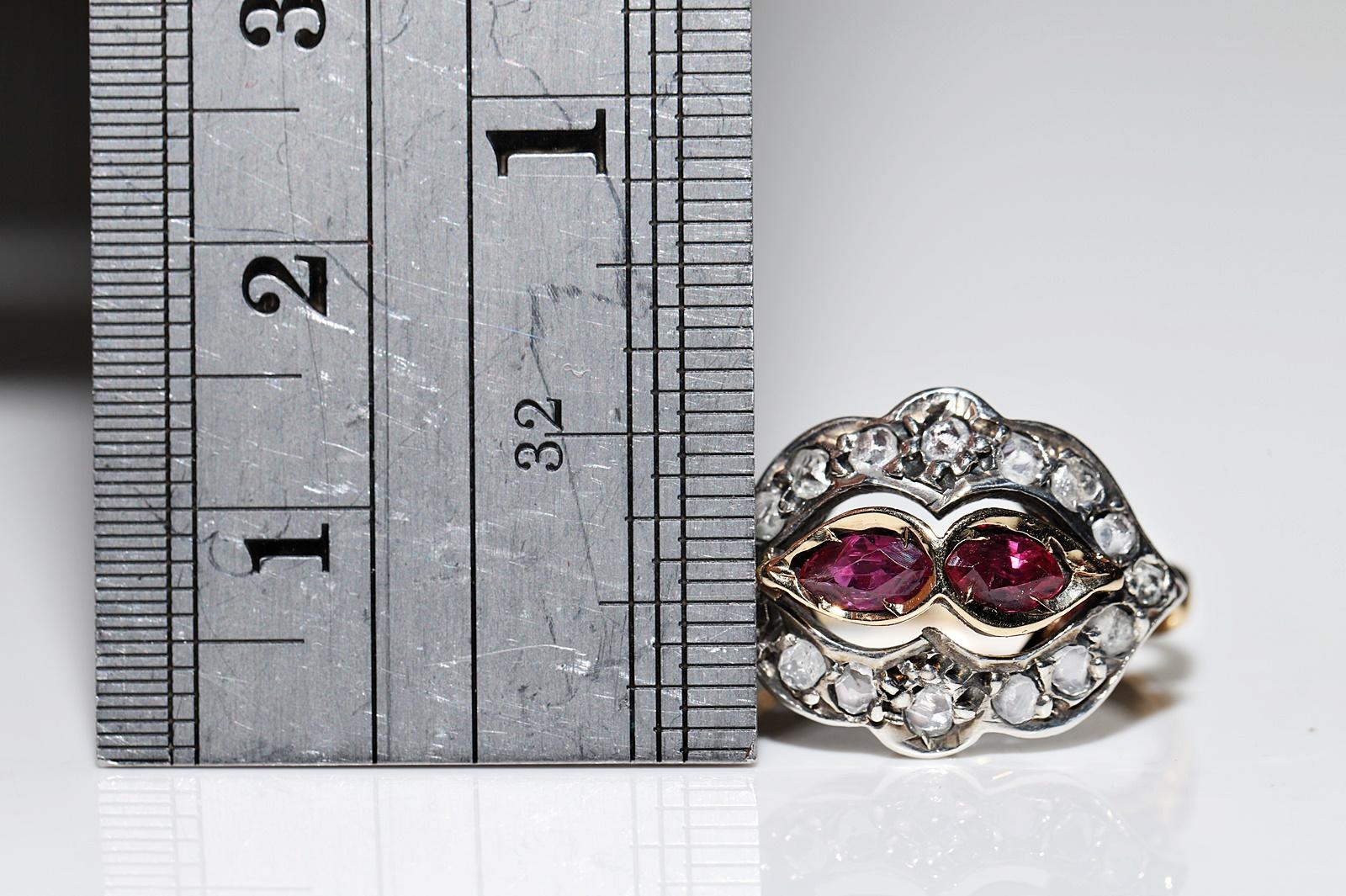 Women's Antique Circa 1900s 18k Gold Top Silver Natural Rose Cut Diamond And Ruby Ring  For Sale
