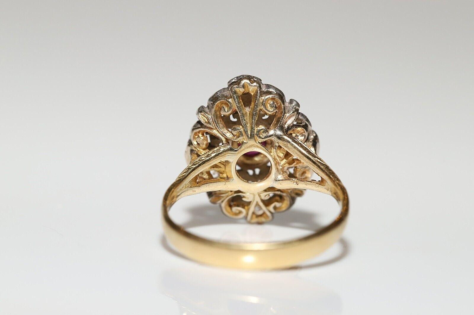 Antique Circa 1900s 18k Gold Top Silver Natural Rose Cut Diamond And Ruby Ring Bon état - En vente à Fatih/İstanbul, 34