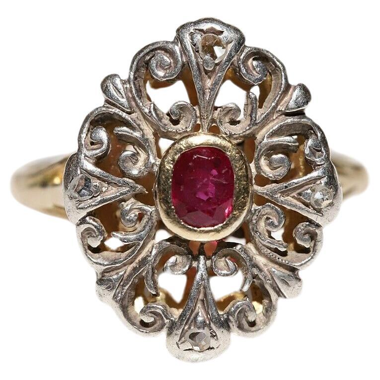 Antique Circa 1900s 18k Gold Top Silver Natural Rose Cut Diamond And Ruby Ring  For Sale