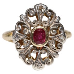 Antike CIRCA 1900s 18k Gold Top Silver Natural Rose Cut Diamant und Rubin Ring 