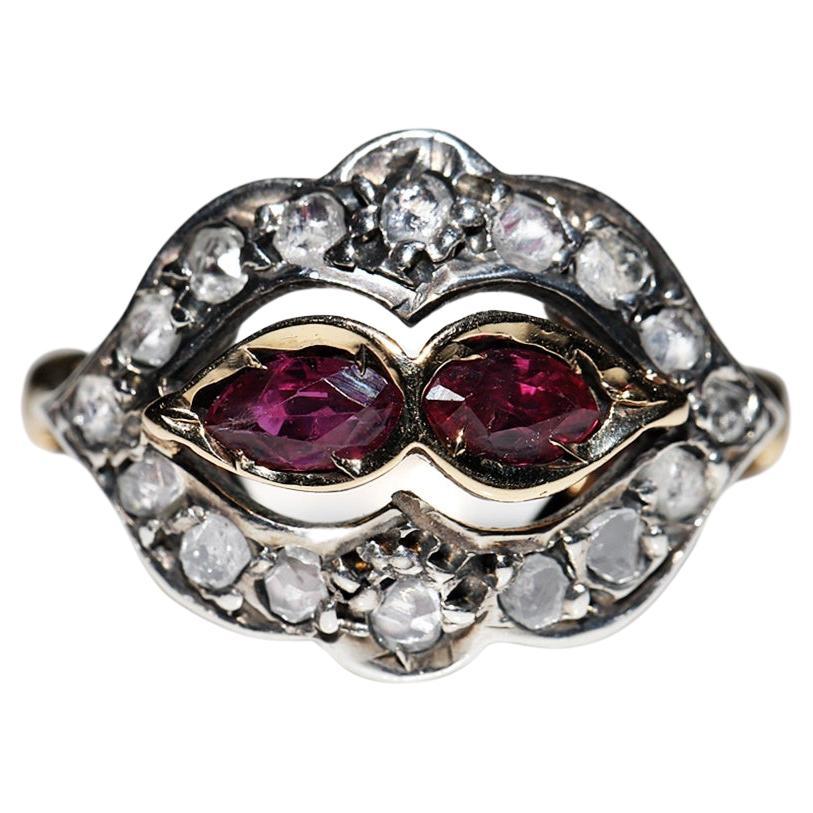 Antique Circa 1900s 18k Gold Top Silver Natural Rose Cut Diamond And Ruby Ring  For Sale