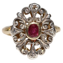 Antique Circa 1900s 18k Gold Top Silver Natural Rose Cut Diamond And Ruby Ring