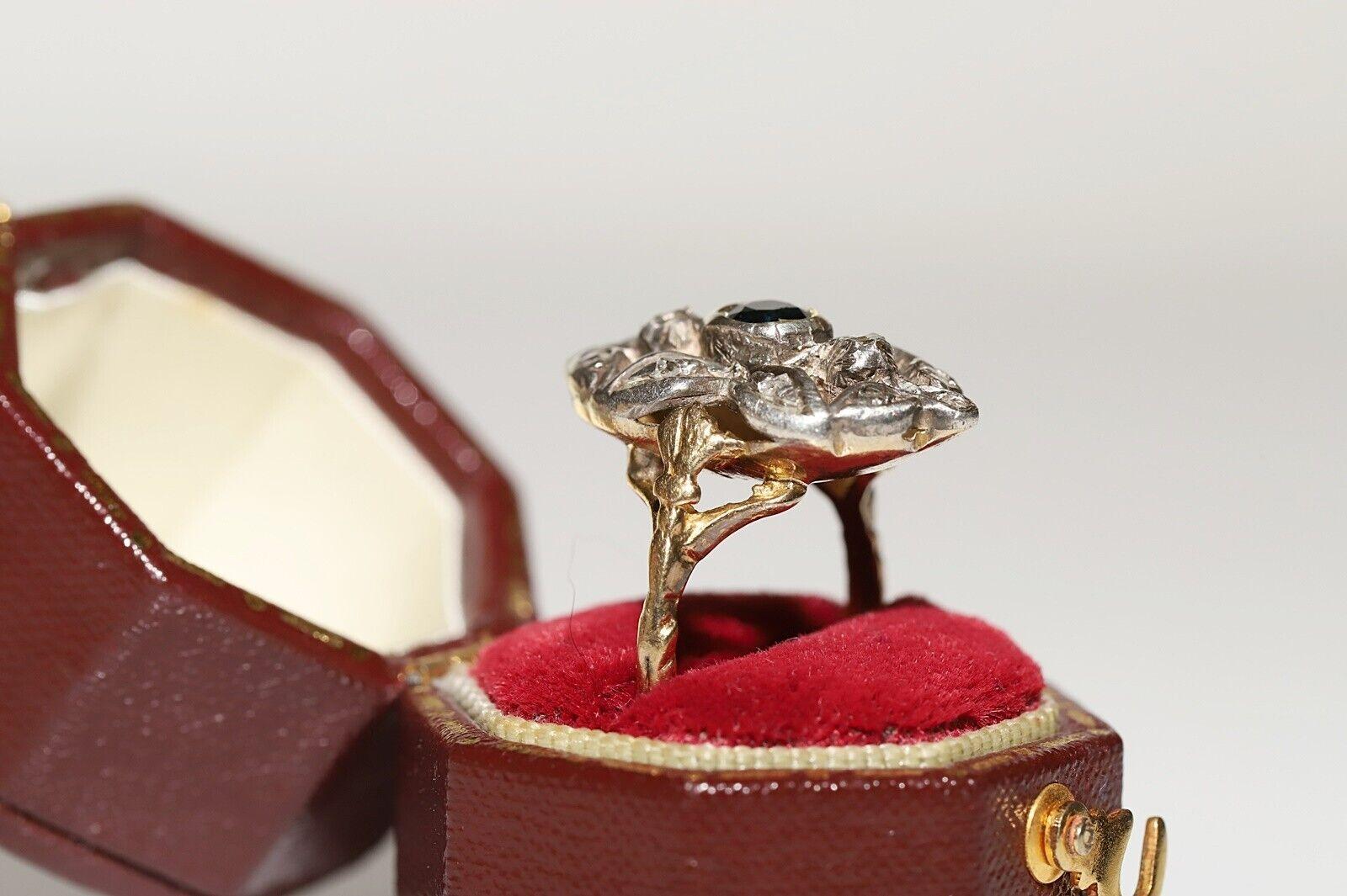 In sehr gutem Zustand.
Gesamtgewicht 5.1 Gramm.
Vollständig  etwa 0,12 Karat Diamant.
Der Diamant hat die Reinheit s1-s2-s3 und die Farbe H-I-J-K-Braun.
Insgesamt etwa 0,25  Karat Saphir.
Ringgröße ist US 5.5 (Wir bieten kostenlose