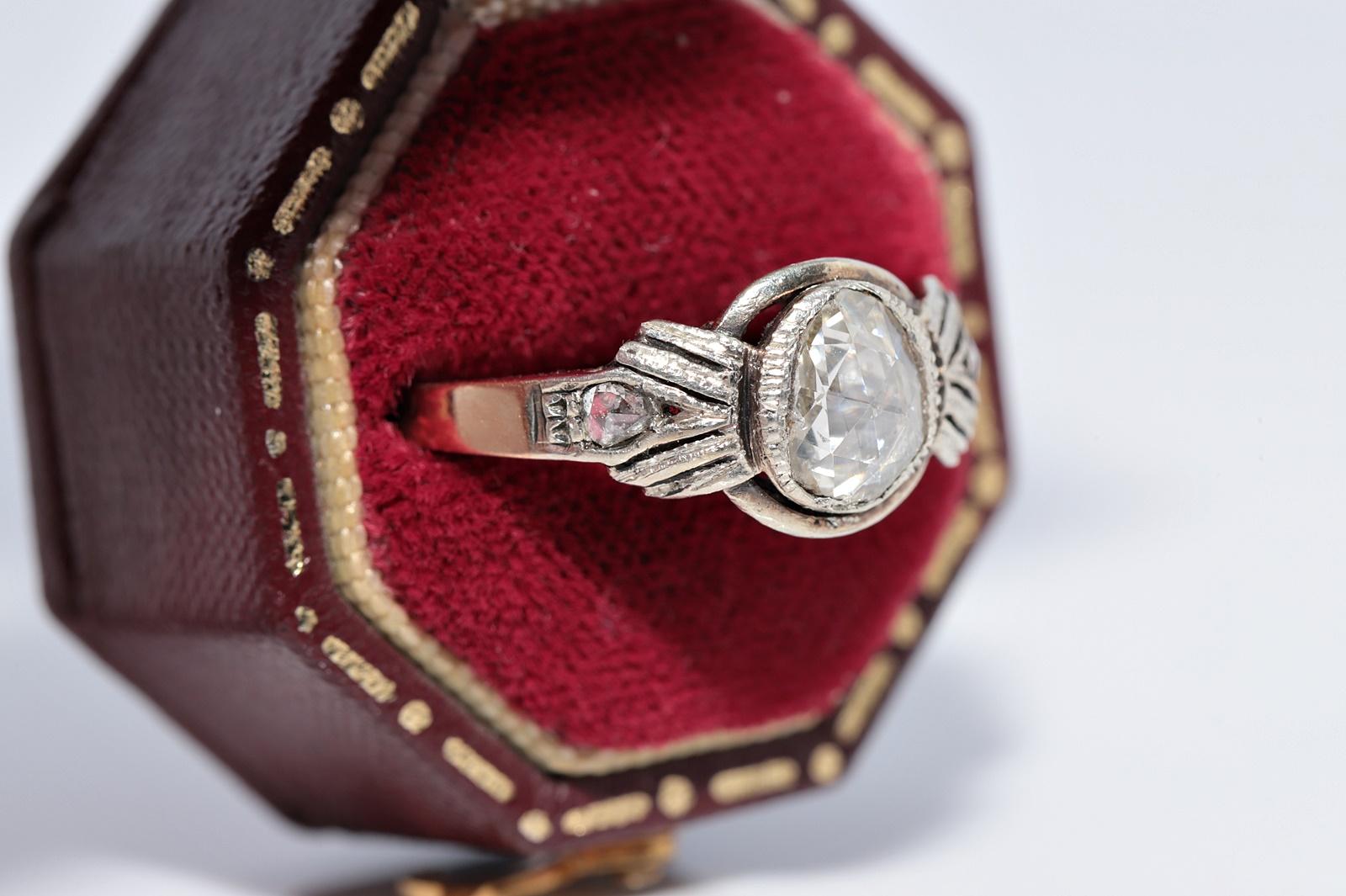 Antike CIRCA 1900s 18k Gold Top Silber natürliche Rose Cut Diamond Solitär Ring (Viktorianisch) im Angebot