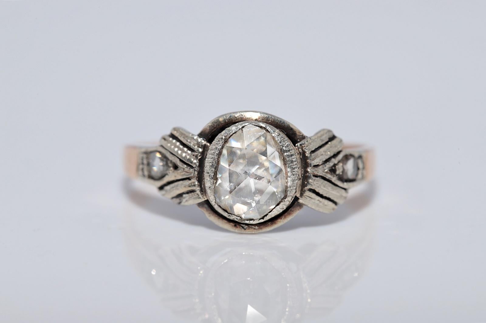 Antike CIRCA 1900s 18k Gold Top Silber natürliche Rose Cut Diamond Solitär Ring (Rosenschliff) im Angebot