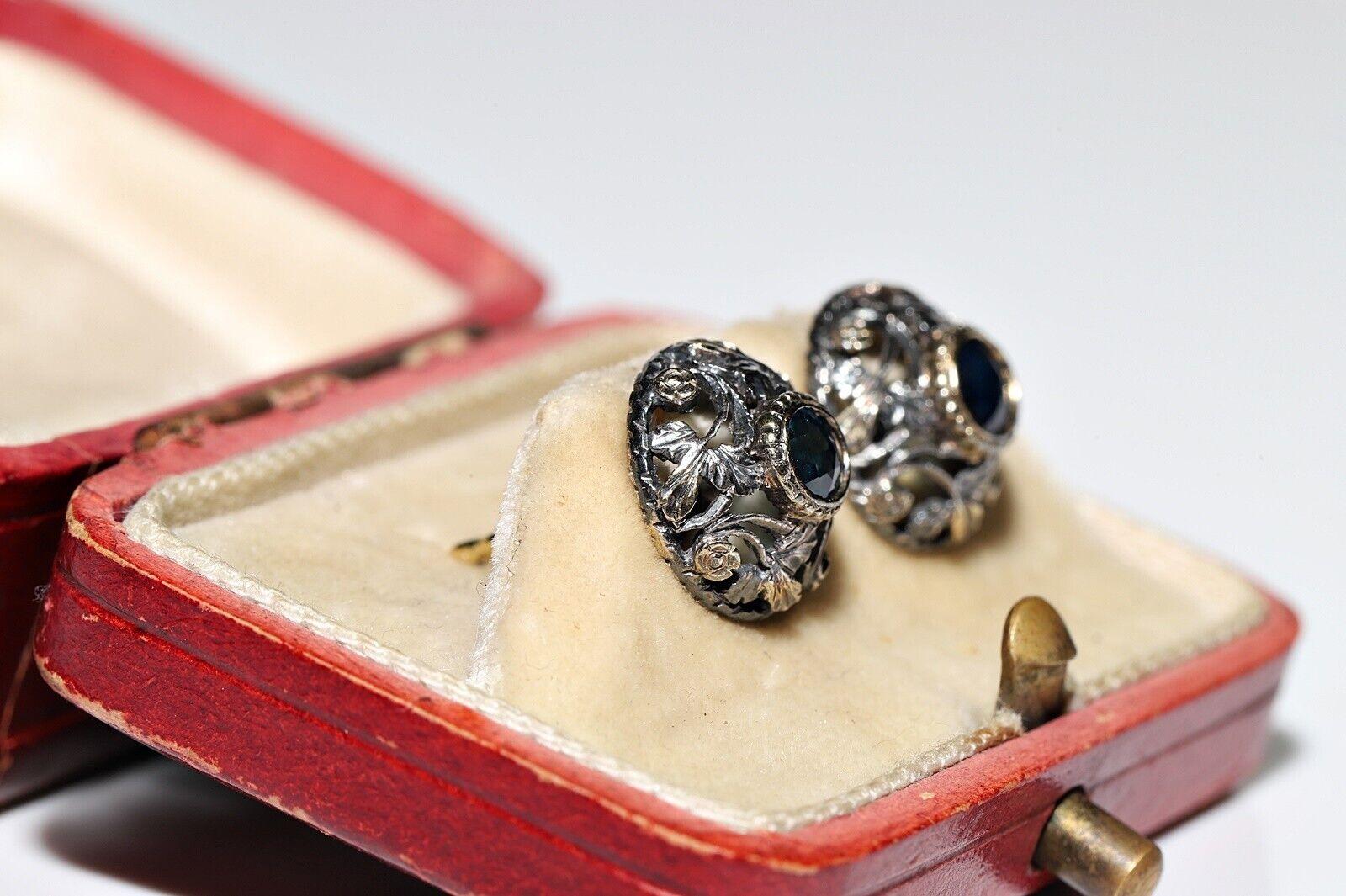 Antique Circa 1900s 18k Gold Top Silver Natural Sapphire Earring Victoriano en venta