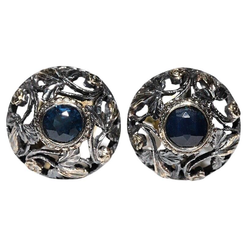Antique Circa 1900s 18k Gold Top Silver Natural Sapphire Earring  For Sale