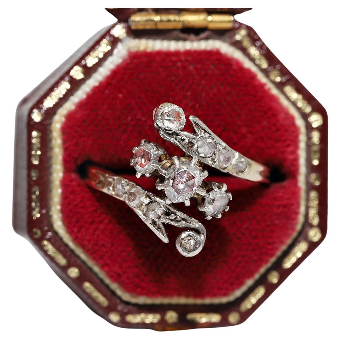 Antique Circa 1900s 18k Gold Top Silver Victorian Natural Rose Cut Diamond  Ring For Sale