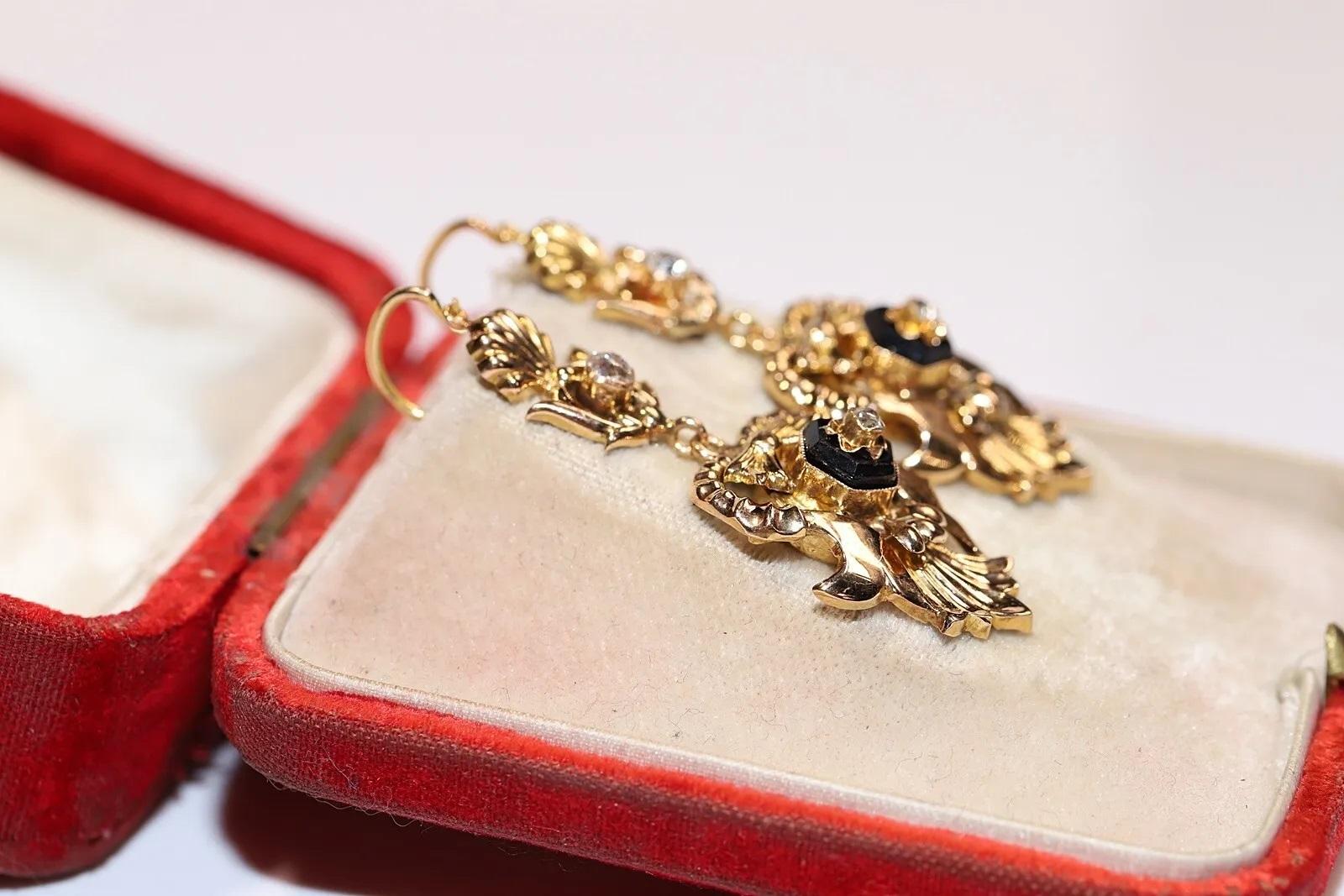 Antiquités Circa 1900s Boucle d'oreille en or 19k ornée de diamants naturels taille ancienne et d'onyx Bon état - En vente à Fatih/İstanbul, 34