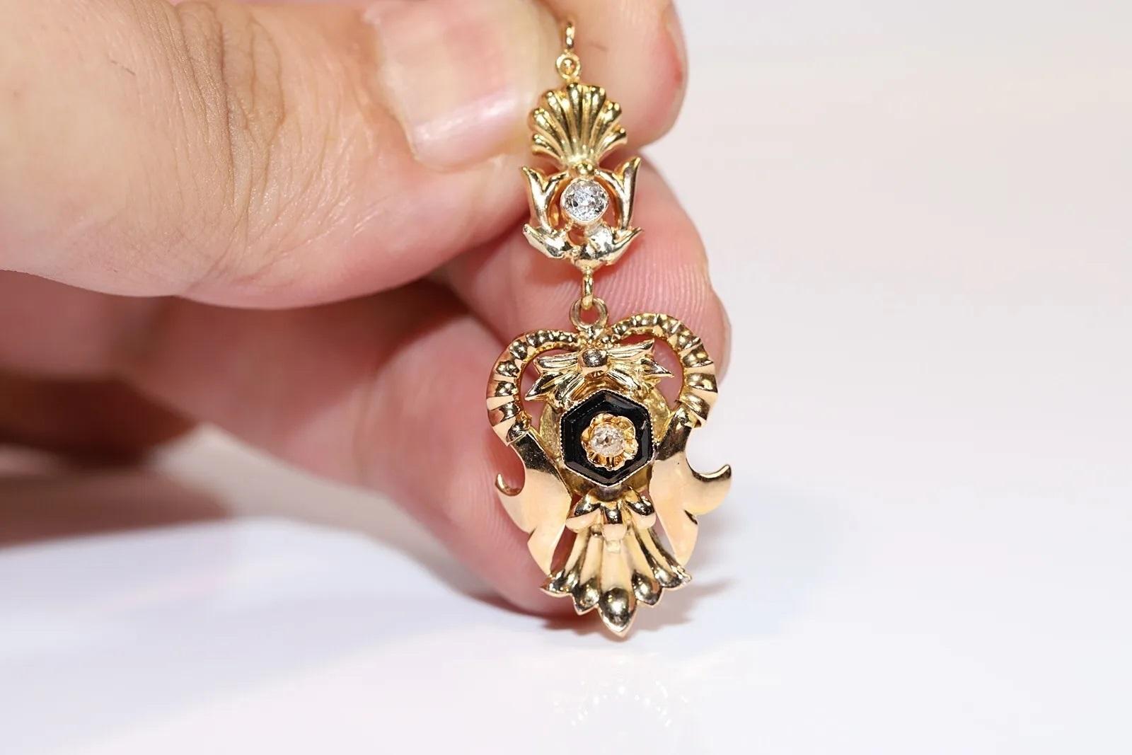 Antiquités Circa 1900s Boucle d'oreille en or 19k ornée de diamants naturels taille ancienne et d'onyx Pour femmes en vente