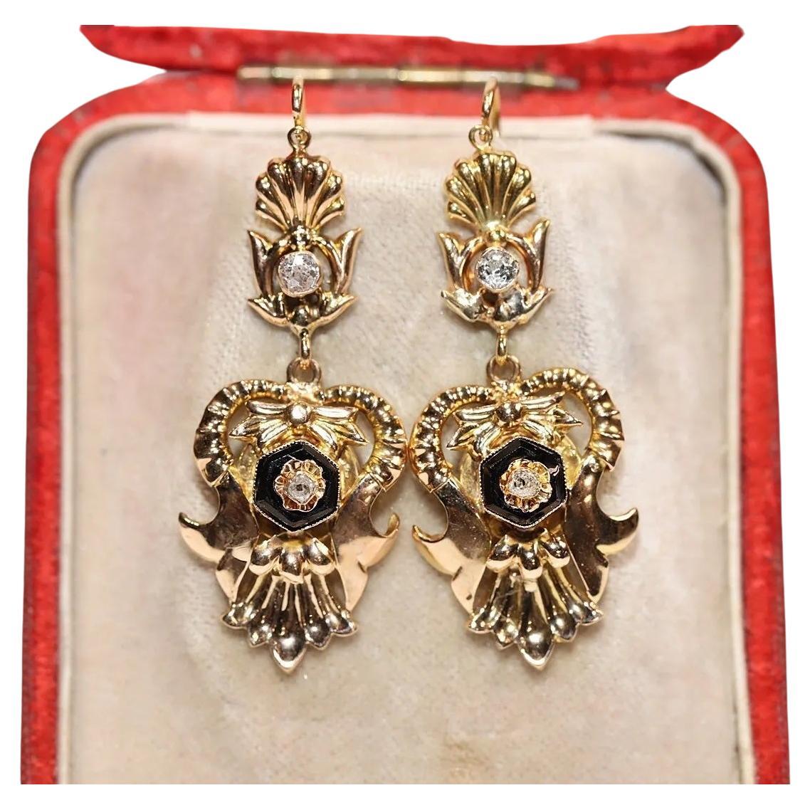 Antique Circa 1900s 19k Gold Natural Old Cut Diamond And Onyx Decorated Earring