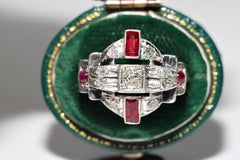 Anillo Antiguo Circa 1900s Oro 6k Plata Superior Diamante Natural Tallado Antiguo Y Rubí