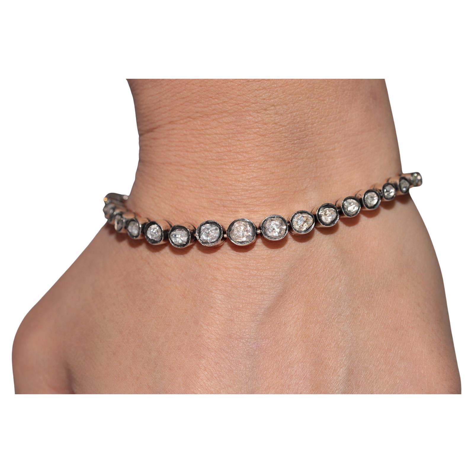 Antique Circa 1900s 8k Gold And Silver Natural Rose Cut Diamond Bracelet For Sale