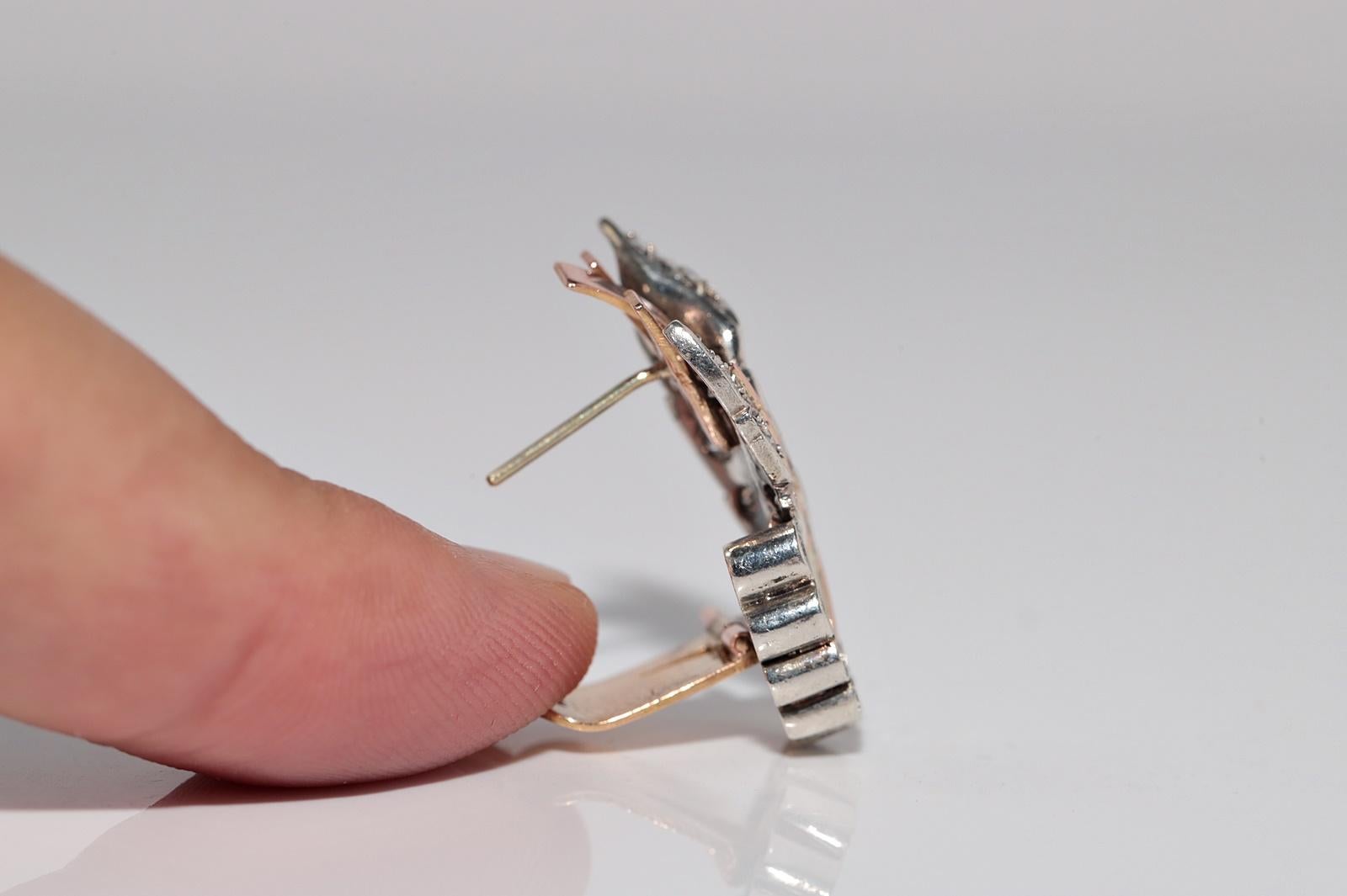 Antike CIRCA 1900s 8k Gold und Silber Natürlicher Einzelschliff  Diamant-Ohrring im Angebot 3