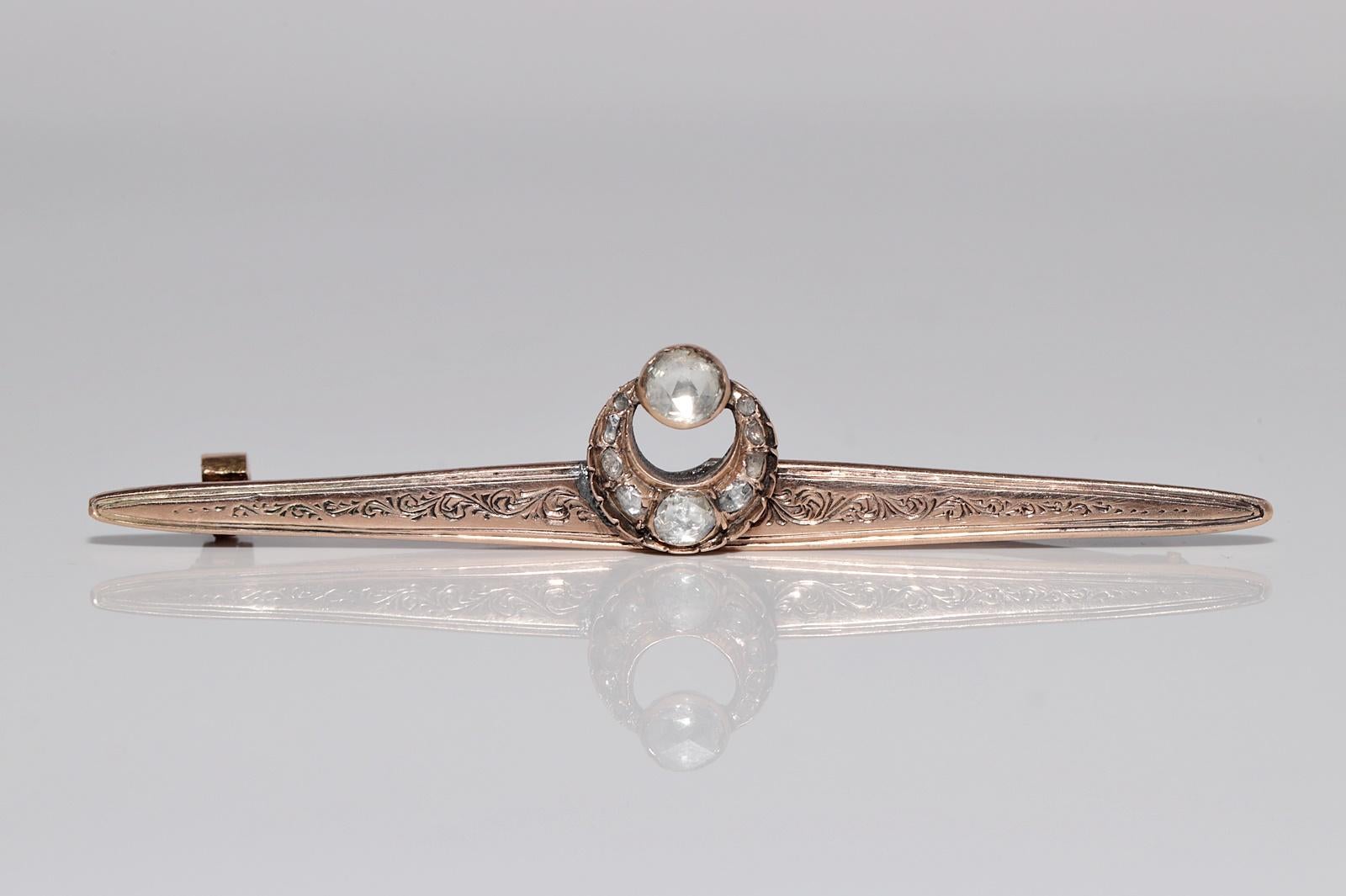 Antiguo broche de oro de 8 quilates de la década de 1900, hecho a mano con diamantes naturales talla rosa y luna