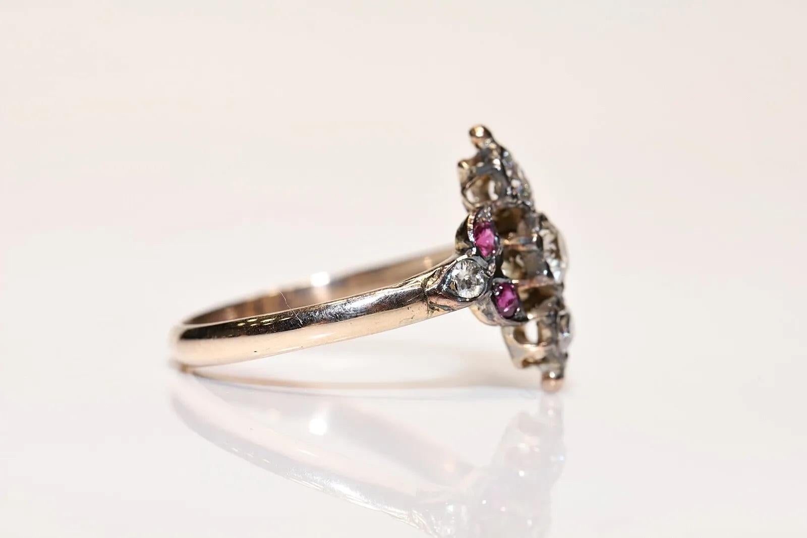 Late Victorian Antique Circa 1900s 8k Gold Natural Diamond And Ruby Navette Ring  For Sale