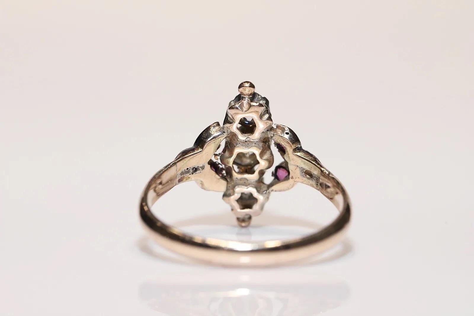 Old Mine Cut Antique Circa 1900s 8k Gold Natural Diamond And Ruby Navette Ring  For Sale
