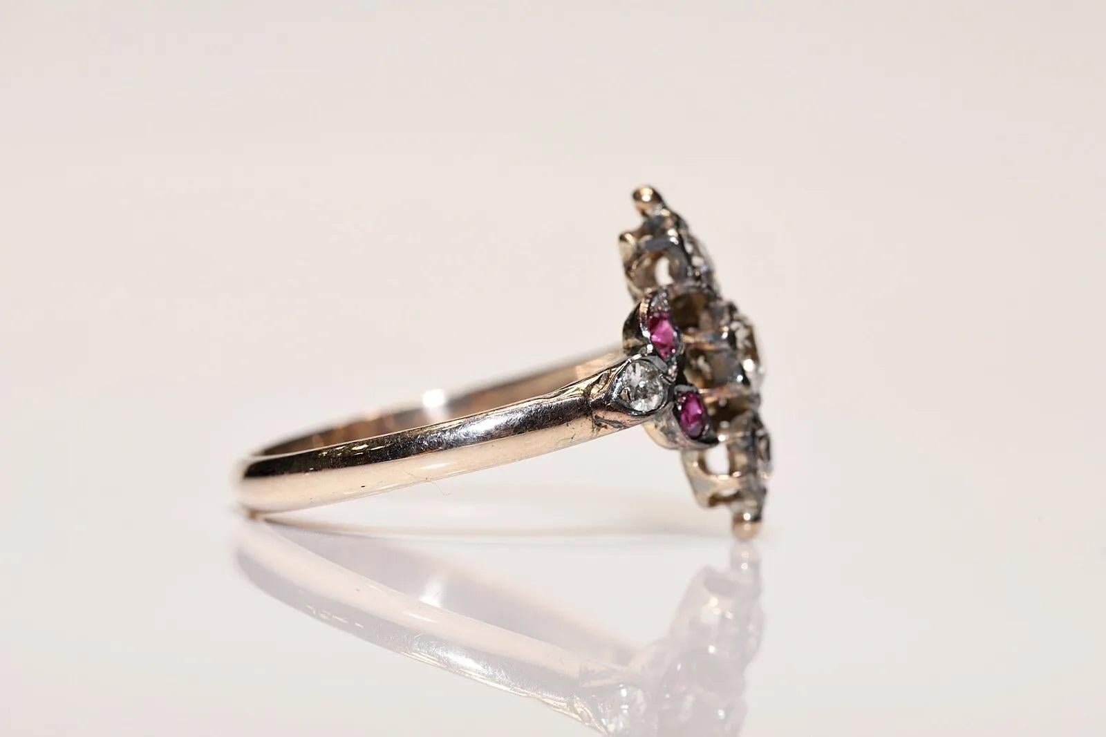 Antique Circa 1900s 8k Gold Natural Diamond And Ruby Navette Ring  In Good Condition For Sale In Fatih/İstanbul, 34