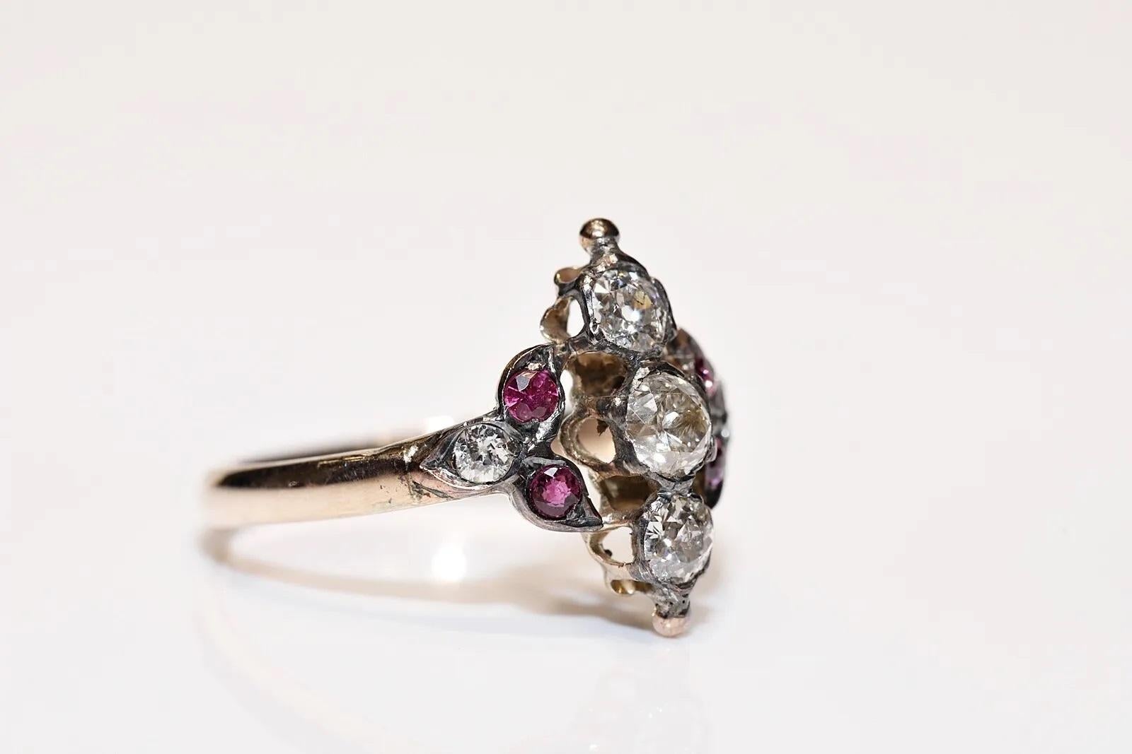 Women's Antique Circa 1900s 8k Gold Natural Diamond And Ruby Navette Ring  For Sale