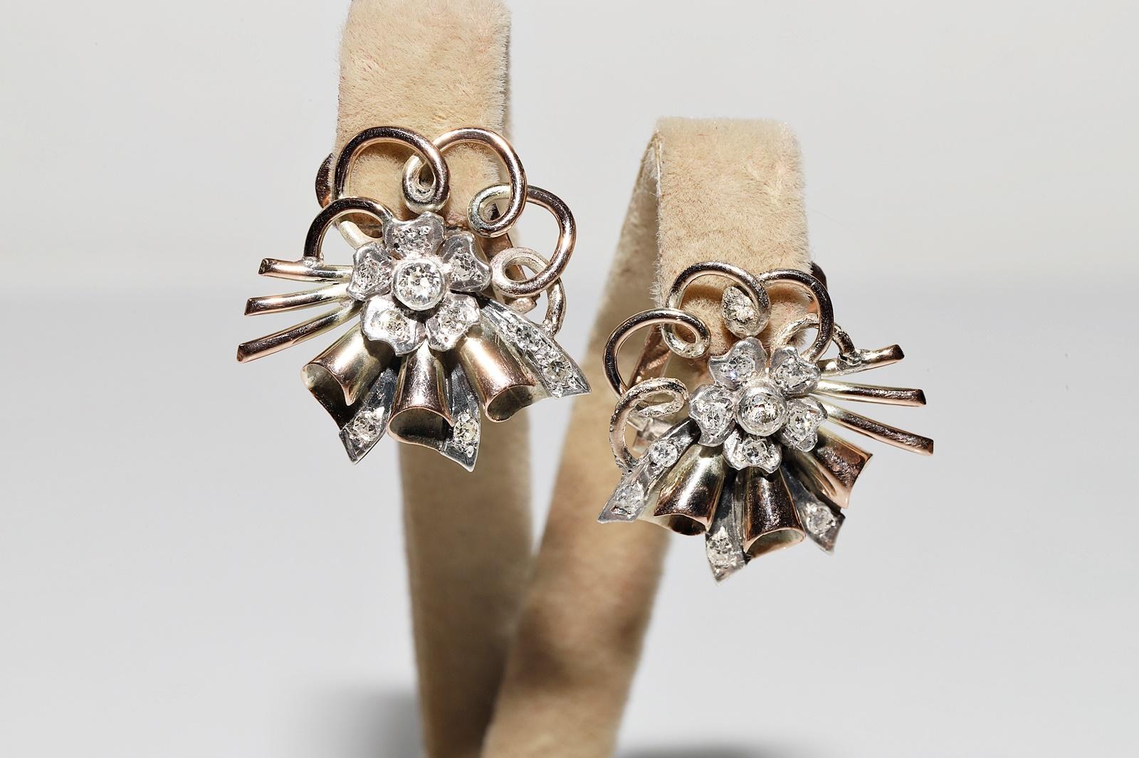 Antique Circa 1900s 8k Gold Natural Diamond Decorated Flowers Earring For Sale 5