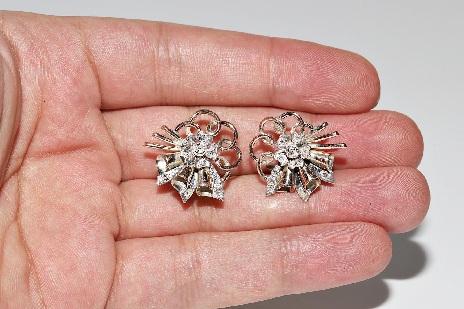 Antique Circa 1900s 8k Gold Natural Diamond Decorated Flowers Earring For Sale 6