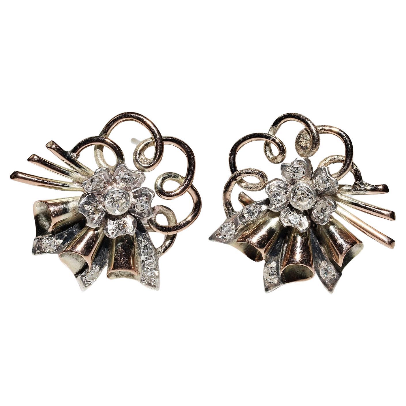 Antique Circa 1900s 8k Gold Natural Diamond Decorated Flowers Earring