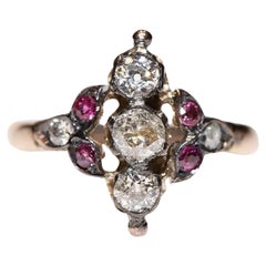 Antique Circa 1900s 8k Gold Natural Old Cut Diamond And Ruby Navette Ring