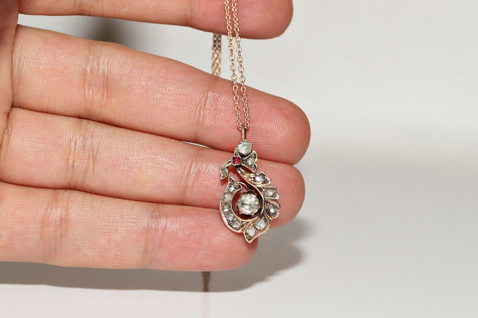 Antique Circa 1900s 8k Gold Natural Rose Cut Diamond And Ruby Decorated Necklace For Sale 8